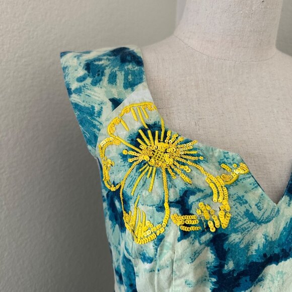 Anthropologie Floret Pencil Mini Dress Beaded Square Split Neck Cap Sleeve Sz 0 - Picture 14 of 15